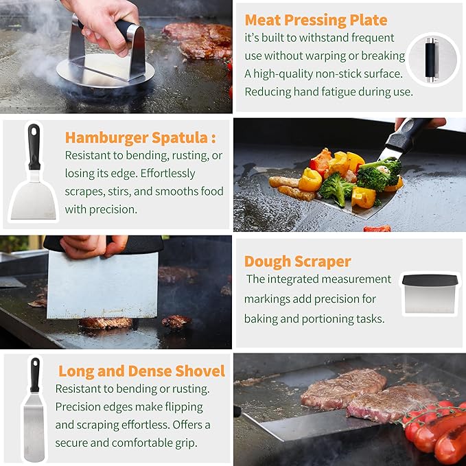 Griddle Accessories Kit for Blackstone – 14 PCS Flat Top Grill Tools Set with Stainless Steel Spatulas, Scraper & Bottles, Carry Bag Included – Outdoor BBQ Gift for Men