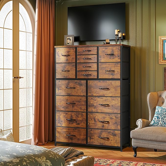 57“H Tall Dresser for Bedroom with 16 Drawers,Fabric Dressers & Chests of Drawers for Bedroom,Large Dresser for Closet,Sturdy Metal Frame & Wood Top,Entryway, Hallway(Rustic Brown)