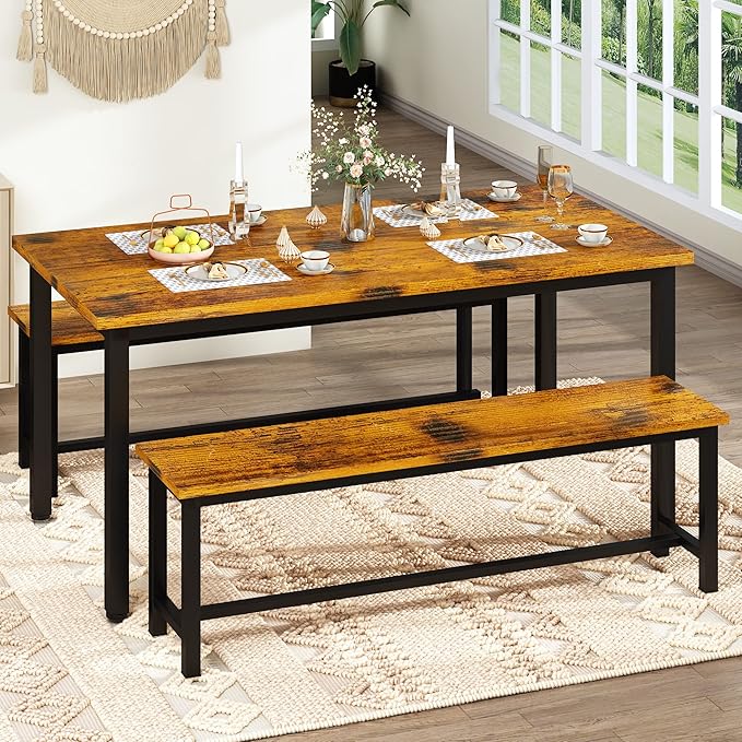 Lamerge Kitchen Table Set with 2 Benches 4 Person Dining Room Table Set for Home Kitchen, Dining Room, Restaurant, Space Saving, Rustic Brown, 43.3''L x23.6''W x28.5''H (43F)