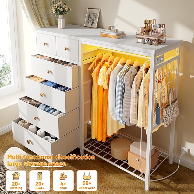 EnHomee 49.2" W White Dresser for Bedroom with Hanging Rack, 6 Drawers Dresser with LED Lights & Charging Station, Fabric Dressers & Chest of Drawers with Clothes Rack, Wooden Top, Grid Panel, Closet