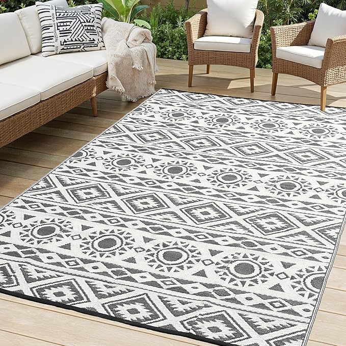 Outdoor Rug Waterproof 6x9 ft, Reversible Outdoor Plastic Straw Rug Patio Rug, RV Rugs for Outside, Outdoor Carpet for Patio Camping Deck Balcony Backyard, Black & Gray