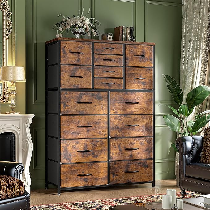 57“H Tall Dresser for Bedroom with 16 Drawers,Fabric Dressers & Chests of Drawers for Bedroom,Large Dresser for Closet,Sturdy Metal Frame & Wood Top,Entryway, Hallway(Rustic Brown)