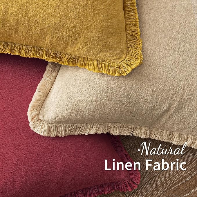 MIULEE Decorative Throw Pillow Covers Neutral Linen Fringe Throw Pillows Set of 2 Burgundy Boho Farmhouse Cushion Covers with Tassels for Couch Sofa Bed Living Room Spring Home Decor 20x20 Inch