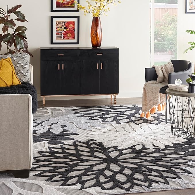 Nourison Aloha Indoor/Outdoor Black White 9' x 12' Area Rug, Tropical, Botanical, Easy Cleaning, Non Shedding, Bed Room, Living Room, Dining Room, Deck, Backyard, Patio (9x12)