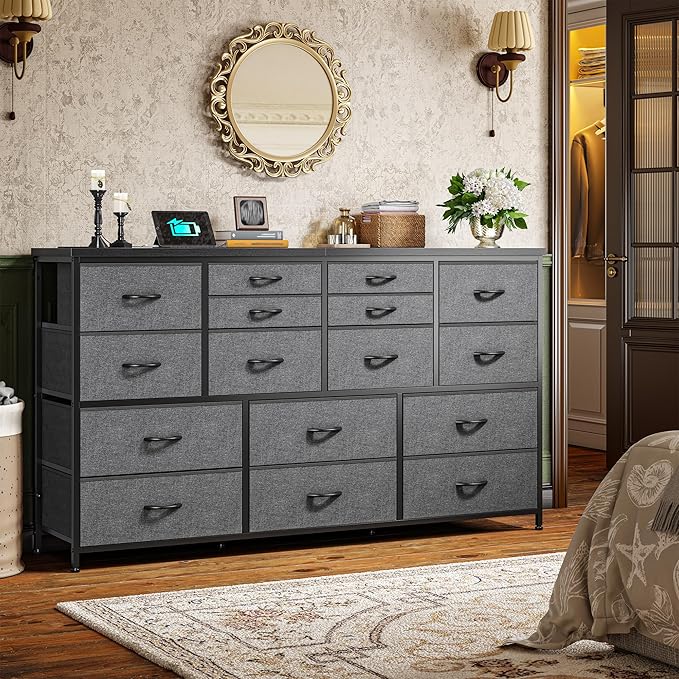 Dresser for Bedroom with 16 Fabric Drawers Long Dresser with Charging Station TV Stand for 60" TV Dressers & Chest of Drawers for Bedroom, Living Room, Closet, Grey