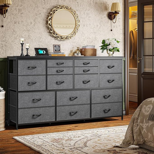 Dresser for Bedroom with 16 Fabric Drawers Long Dresser with Charging Station TV Stand for 60" TV Dressers & Chest of Drawers for Bedroom, Living Room, Closet, Grey
