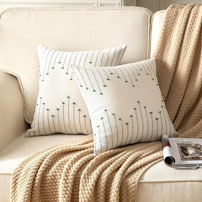 Caflife Boho Throw Pillow Covers 20x20 Set of 2 Decorative Pillows for Bed, Neutral Pillow Covers Beige with Green Line Throw Pillows for Modern Farmhouse Couch Sofa Living Room Outdoor