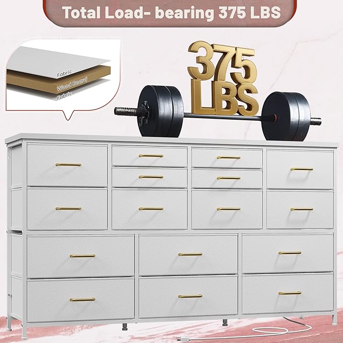 EnHomee Dressser for Bedroom Dresser with 16 Drawers TV Stand for Bedroom for 60" TV Long Dressers & Chests of Drawers Large Dresser with Charging Station, 51.5" W*11.7" D*34.6" H, White