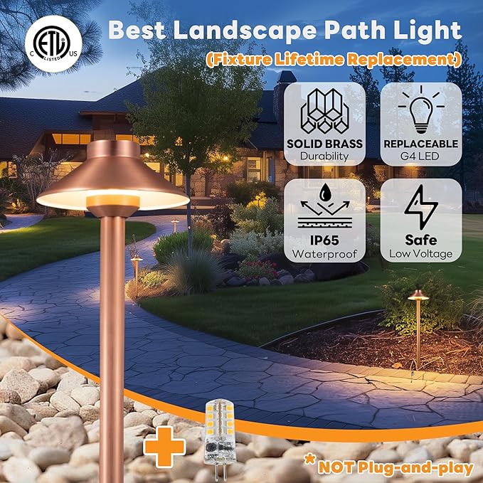 Low Voltage Landscape Lighting Brass, 12v Pathway Lights Waterproof, Hard Wired Path Light Outdoor, Mushroom Copper for Exterior Area Patio House with 3W 270LM 3000K G4 Bulb (6 Pack)