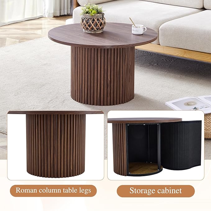 WILLIAMSPACE 27.5" Round Coffee Table with Ylindrical Leg, Modern Farmhouse Wood Circlar Center Table Accent Side End Table for Living Room Apartment, Walnut