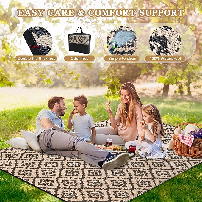 Wallona Outdoor Rugs 8x10 ft Patio Waterproof Clearance Indoor Outdoor Large Carpet for Patio Plastic Straw Reversible Area Rugs Mat for RV, Camping, Balcony, Beach, Picnic, Porch, Brick Black & Beige