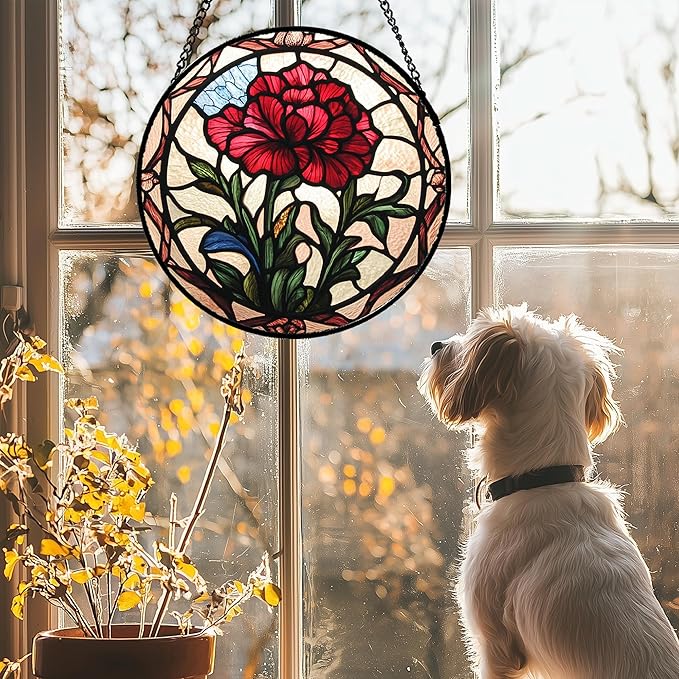 Stained Glass Window Hanging - Red Carnation Birth Flower Sun Catcher for Door Garden Home Decor Suncatcher Christmas Mother's Day Birthday Gifts for Women Men Mom Nana Friend Wife 11.8 in