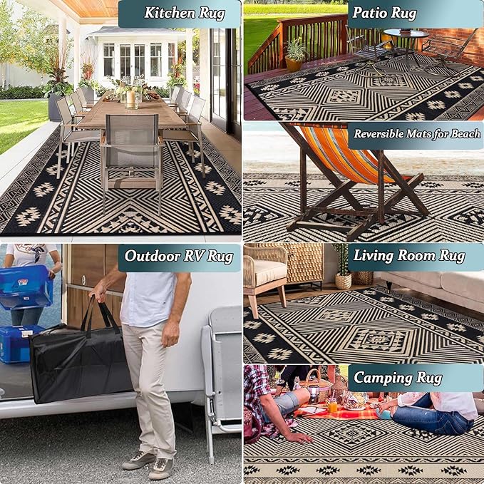 HiiARug Outdoor Rug for Patio Clearance,10'x14' Waterproof Mat,Beach Mat,Reversible Plastic Camping Rugs,Rv,Front Porch Decor,Deck,Camper,Balcony,Backyard,Boho Black