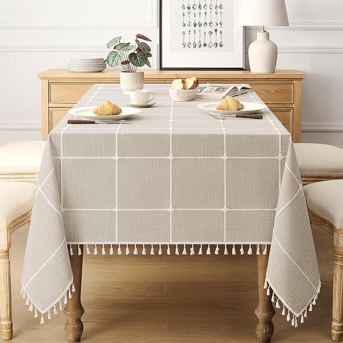 puredown® Plaid Rectangle Tablecloth, Waterproof Cotton Linen Tablecloth with Tassel, Rustic Farmhouse Table Cloths for Kitchen Dining Outdoor, 55"x102",8-10 Seats, Coffee