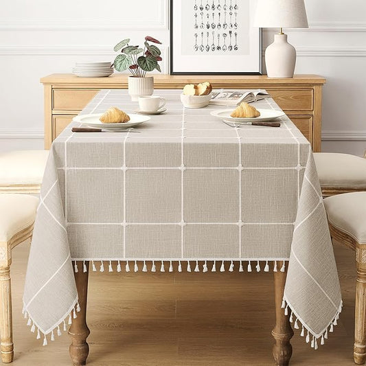 puredown® Plaid Rectangle Tablecloth, Waterproof Cotton Linen Tablecloth with Tassel, Rustic Farmhouse Table Cloths for Kitchen Dining Outdoor, 55"x102",8-10 Seats, Coffee