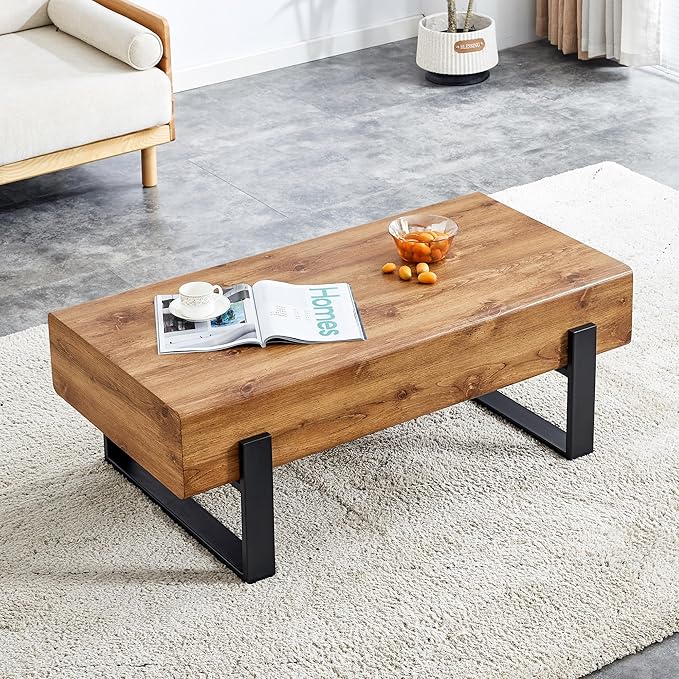 47.24'' Modern Rectangle Coffee Table Black Metal Legs for Living Room Dining Room Bedroom Office