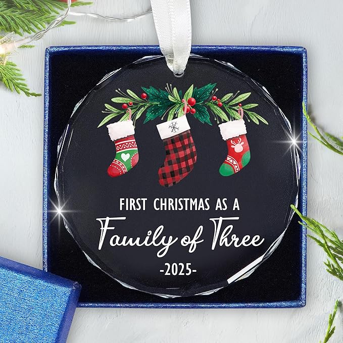 Baby’s First Christmas Ornament 2025 – Christmas Tree Decoration Glass Ornaments - Family of Three Ornament Gifts for New Parents, New Mom Dad Gift, Christmas Tree Decoration Keepsake