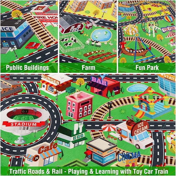 Kids Rug Play Mat for Toy Cars 3D City Life Road Traffic 59"×78.7" for Playroom Kids Car Road Rugs City Map Play Mat Non-Slip Washable Educational Car Rug for Toddler Boy Tummy Time Playtime
