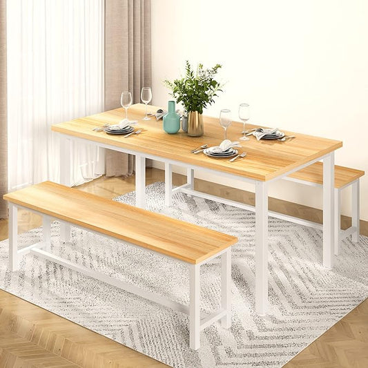 Lamerge Kitchen Table Set with 2 Benches 4 Person Dining Room Table Set for Home Kitchen, Dining Room, Restaurant, Space Saving, 47.2inch Table and 41.3inch Bench, Beige
