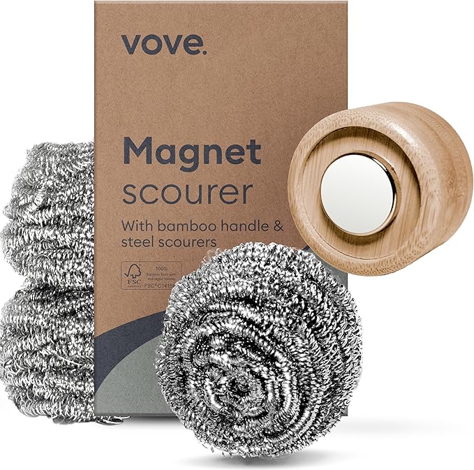 Vove Premium Magnetic Scrubber with Bamboo Handle - Steel Wool Scourer for Pots, Pans & Bottles - Heavy Duty Kitchen Cleaner with 3 Recyclable Steel Pads - Stainless Steel Scrubber Set
