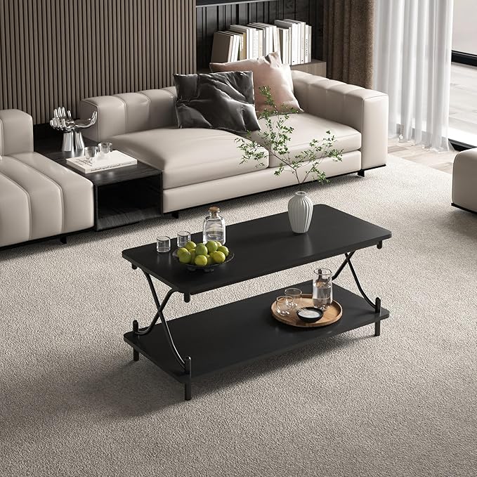 VECELO 39-Inch Coffee Table with Storage and Open Shelves for Living Dining Room, Modern Rectangle & Industrial Design, X-Shape Frame, Black