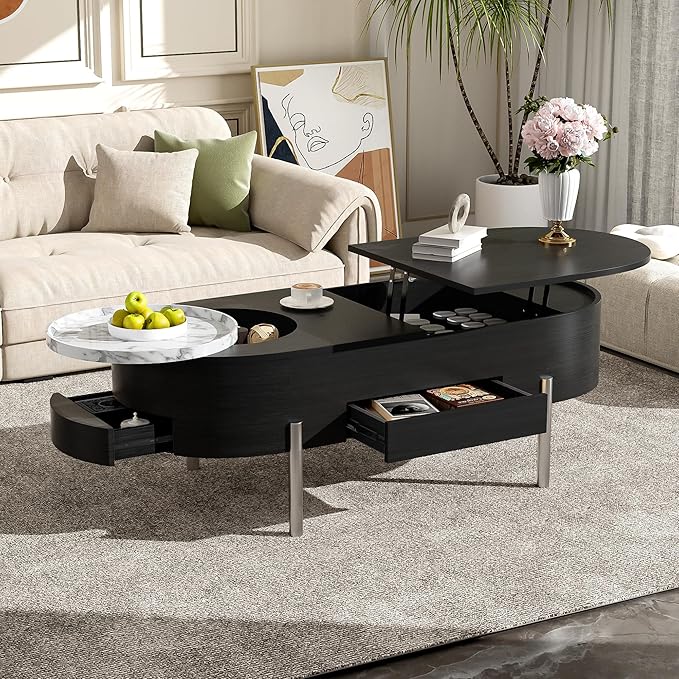 WILLIAMSPACE 47.2" Oval Lift Top Coffee Table with 360-degree Marble-Patterned Rotating Tray, Modern Wooden Center Table Side End Table Lift Tabletop with Hidden Compartment for Living Room, Black