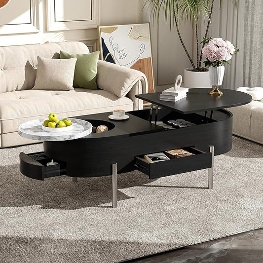 WILLIAMSPACE 47.2" Oval Lift Top Coffee Table with 360-degree Marble-Patterned Rotating Tray, Modern Wooden Center Table Side End Table Lift Tabletop with Hidden Compartment for Living Room, Black