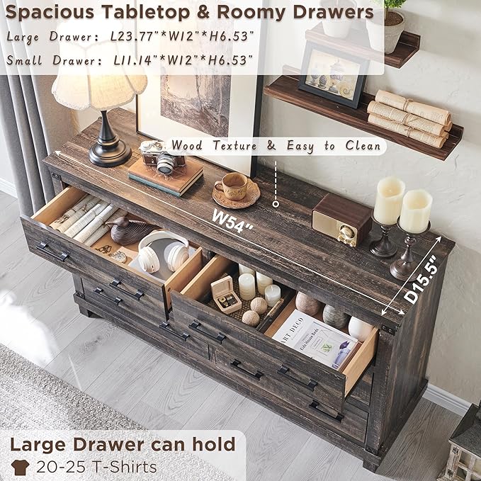 RedLemon Farmhouse 7 Drawer Dresser for Bedroom - Wood Large Dressers & Chests of Drawers for Closet, 54 Inch Long Dresser with Storage for Bedroom, Living Room, Dark Rustic Oak