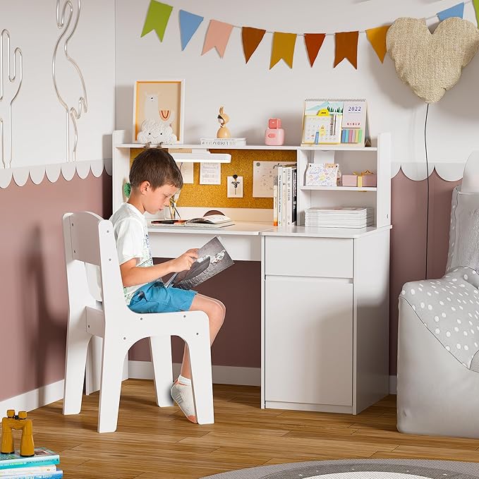 PAKASEPT Kids Desk and Chair Set,Kids Study Desk with 3-Color Lights(Not Rechargeable),Tiltable Desktop,Multi Functional Table for Kids 5-12,Student Writing Desk with Hutch,Storage Cabinet for Bedroom