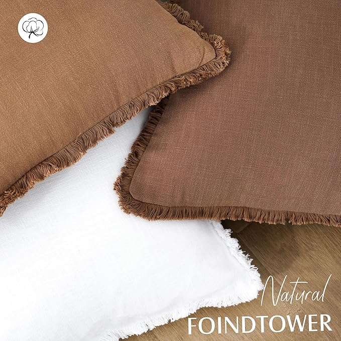 Foindtower Set of 2 Decorative Linen Fringe Throw Pillow Covers Cozy Boho Farmhouse Cushion Cover with Tassels Soft Accent Pillowcase for Couch Sofa Bed Living Room Home Decor, 22×22 Inch, Rust