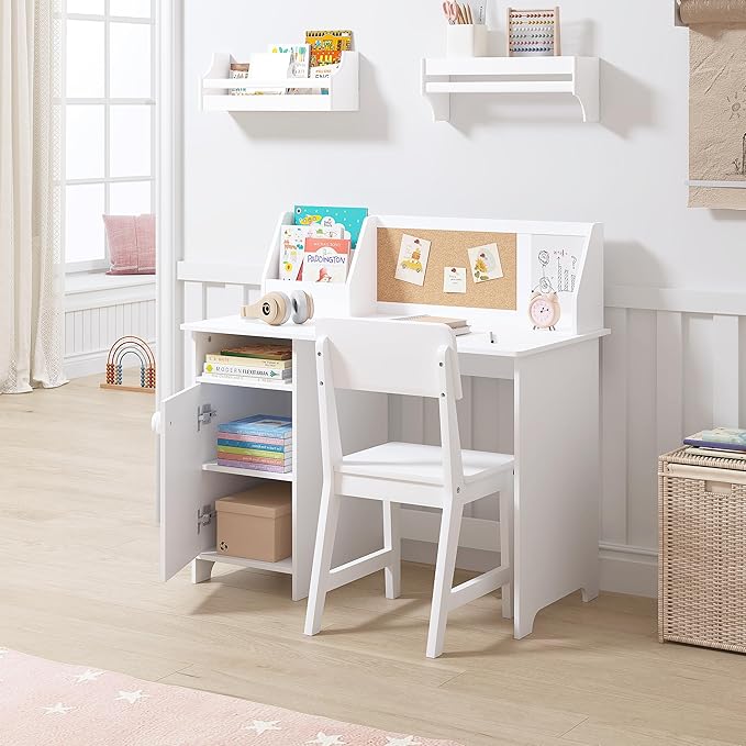 UTEX Kids Study Desk with Chair, Wooden Children School Study Table with Hutch and Chair for 3-8 Years Old, Student's Study Computer Workstation & Writing Table for Home School Use
