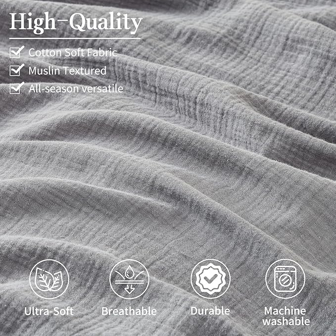 MEISHANG Muslin Duvet Cover King Size - 100% Organic Cotton, Soft Textured Gauze Weave Comforter Cover for Breathable All-Season with Zipper Closure - 3 Piece Set (King, Dark Grey)