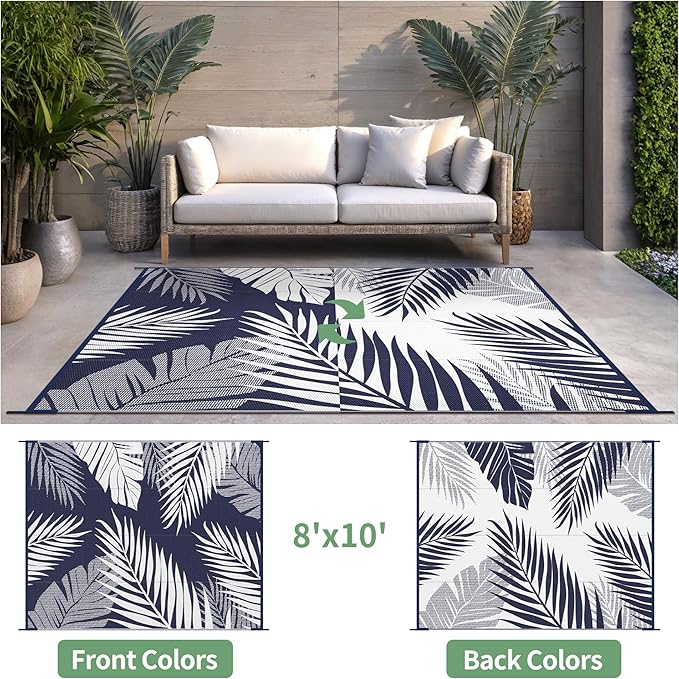 Outdoor Rug 8’x10’ Waterproof for Patio Clearance, Reversible Indoor Outdoor Plastic Straw Camping Rug Carpet, RV Mat, Large Area Rug for Deck, Backyard, Balcony, Porch, Beach, Blue & White