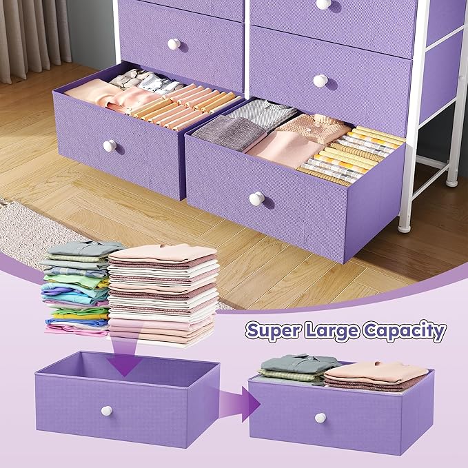 Dresser for Bedroom with 12 Drawers Tall Dressers for Bedroom Fabric Dressers & Chest of Drawers with Sturdy Metal Frame, Wood Top, for Woman, Closet, 40.6" W x 11.8" D x 44.5" H (Purple)