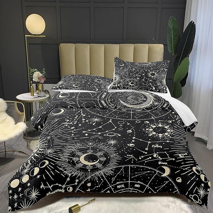 Tailor Shop Sun and Moon Comforter Sets Queen Size,Stars Space Psychedelic Bedding Set for Kids Boys Teens,Boho Bedding Sun Moon Mandala Comforter Sets with 2 Pillowcases