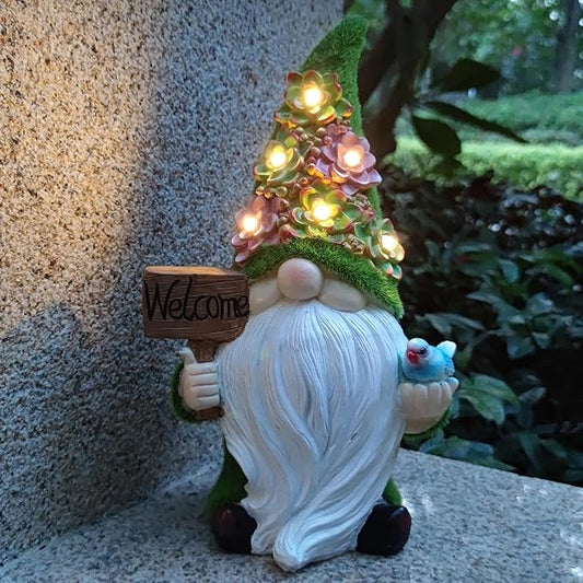 Solar Gnomes Garden Statues,Resin Gnome Figurine Holding Welcome Card and Bird with Solar Lights, Outdoor Gnomes Decorations for Yard Patio Lawn Porch, Garden Gifts