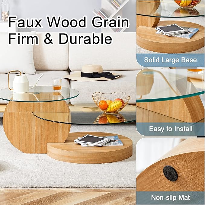 Coffee Tables for Living Room - Round Glass Coffee Table with Wooden Base Mid-Century Modern End Table 3-Tier Round Coffee Table for Living Room, Office, Balcony (42″ Oak)