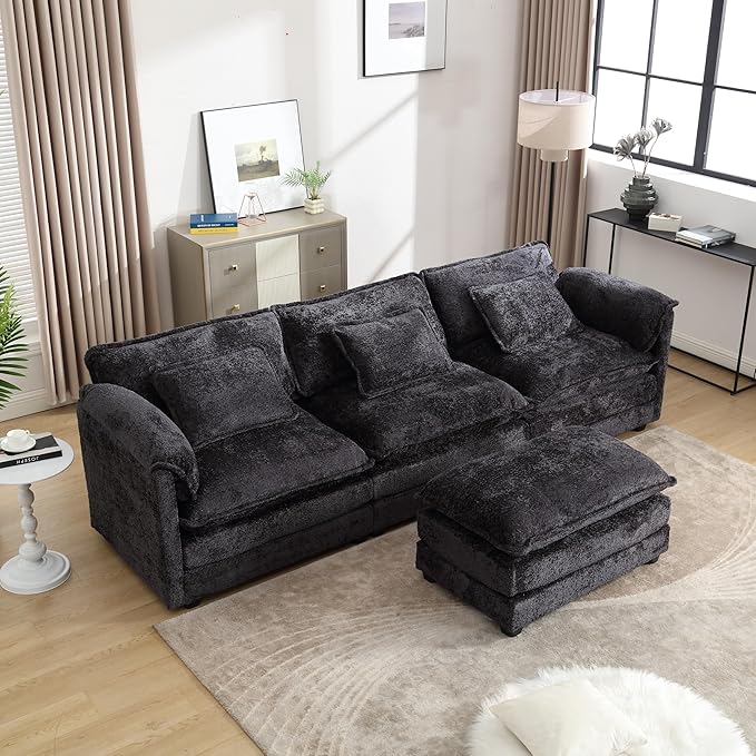 KEIKI 112" L-Shaped Chenille Modular Sectional Chenille Sofa with 1 Movable Ottoman & Memory Foam Cushion, Upholstered Oversized 4-Seater Couch, Easy Assembly, for Apartment, Living Room, Black