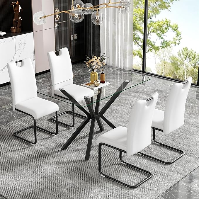 47'' Modern Glass Dining Table for 2-4 People, Rectangular Dining Room Table with Black Metal Legs, Clear Tempered Glass Top Dining Table for 4, Cpmpact Dinner Kitchen Table for 4