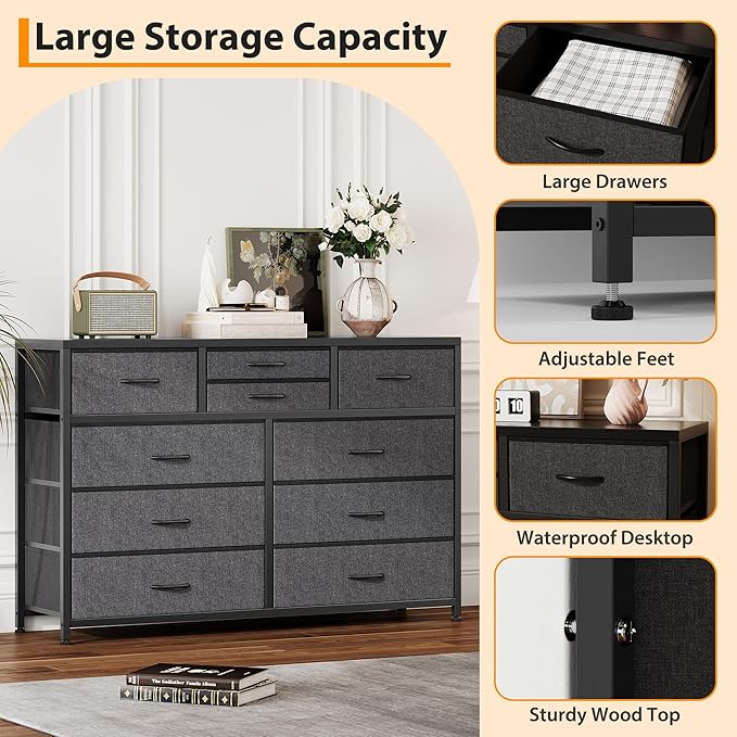 Jojoka Wide 10 Drawer Dresser,TV Stand Entertainment Center Fabric Storage Dressers Drawers for Bedroom, Hallway, Nursery, Closets, Steel Frame, Wood Top, Black_1