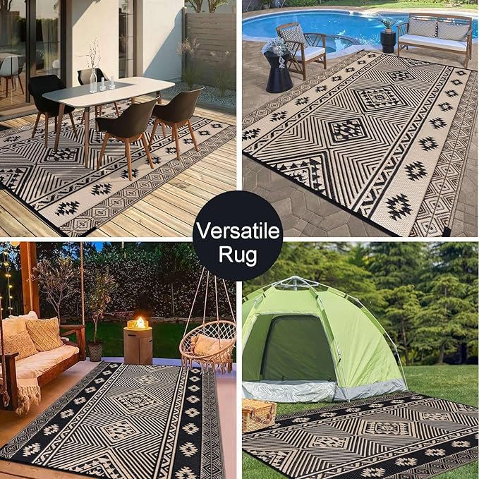 HiiARug Outdoor Rug for Patio Clearance,10'x14' Waterproof Mat,Beach Mat,Reversible Plastic Camping Rugs,Rv,Front Porch Decor,Deck,Camper,Balcony,Backyard,Boho Black