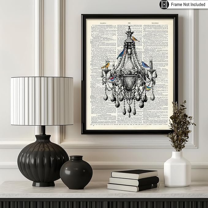 Poster Master Dictionary Art Poster - Antique Chandelier Print - Bird Art - Baroque Art - Gift for Men & Women - Chic Decor for Living Room, Dining Room, Bedroom or Kitchen - 8x10 UNFRAMED Wall Art