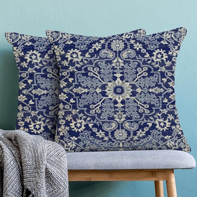 Navy Blue White Boho Pillow Covers 18x18 Set of 2, Carpet Design Decorative Boho Throw Pillows Linen Farmhouse Bohemian Cushion Pillow Covers for Sofa Couch Outdoor Decor
