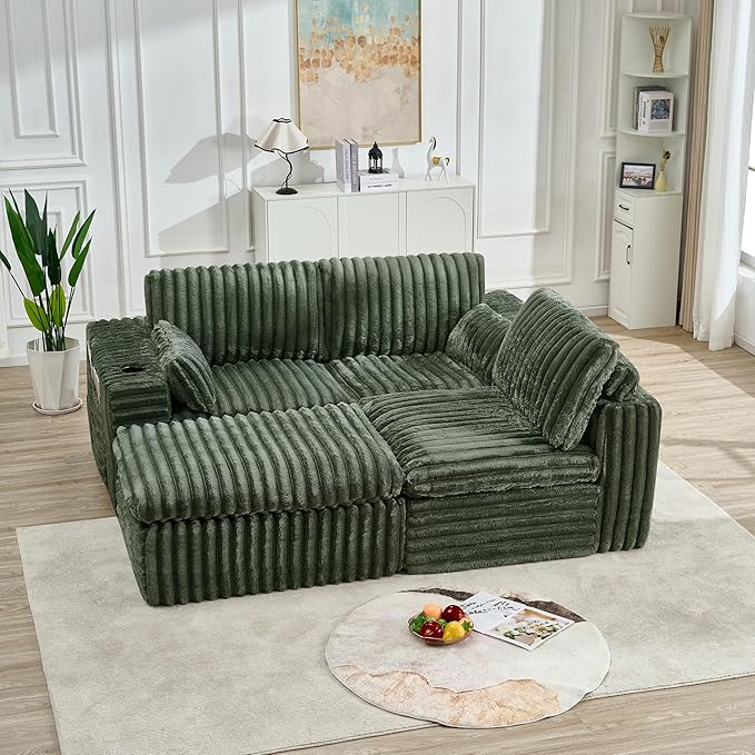 KEIKI 113'' Oversized Ribbed Chenille Modular Sectional with Ottoman, Deep-Seat Cloud Sofa with Cup Holder & Storage Pouch, Indoor Chaise Lounge Boneless Chair for Office, Studio & Creative Workspaces