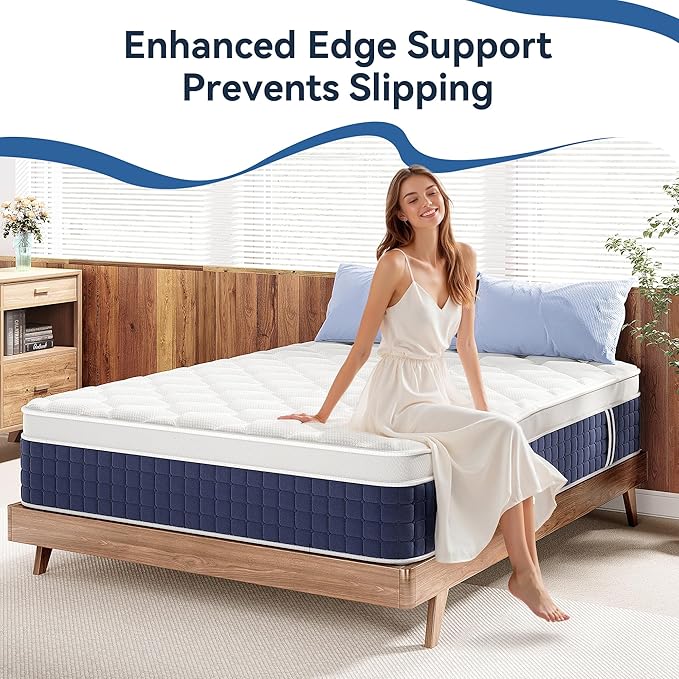 Full Mattress, 12 Inch Hybrid Mattress in a Box, Gel Memory Foam, Individually Wrapped Springs, Medium Firm, Edge Support, Motion Isolation, Pressure Relief, CertiPUR-US Certified, Blue & White
