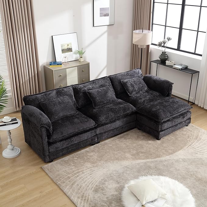 KEIKI 112" L-Shaped Chenille Modular Sectional Chenille Sofa with 1 Movable Ottoman & Memory Foam Cushion, Upholstered Oversized 4-Seater Couch, Easy Assembly, for Apartment, Living Room, Black