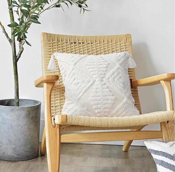 Boho Style Sofa Throw Pillow Covers – Exquisitely Crafted with Hand-Finished Tuft with Thick Cotton Tassel Details – Soft & Stylish Moroccan Decorative, 20x20inch (Spring Ruched)