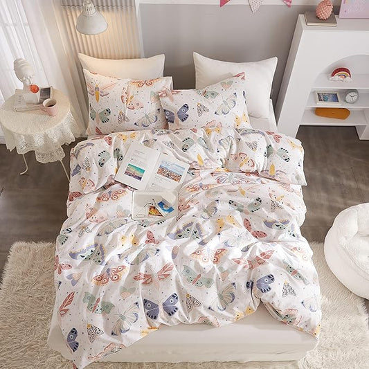 Ivellow Queen Duvet Cover Set 100% Cotton Butterfly White Duvet Cover for Kids Cute Bedding Set 3Pcs Ultra Soft Breathable Kids Duvet Cover Patterned Cartoon Comforter Cover Boys Girls Toddler Teen