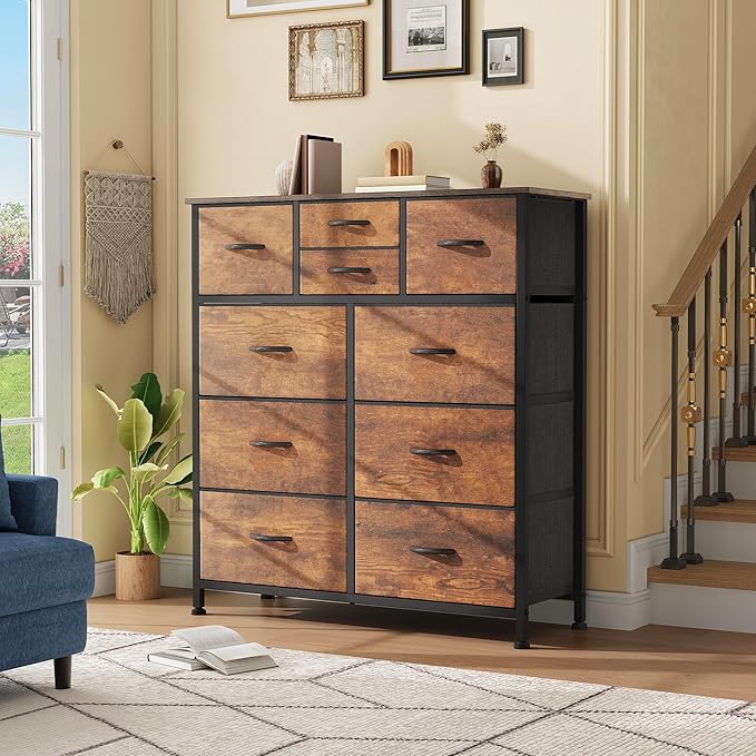 DWVO Dresser with 10 Drawers - Fabric Storage Tower, Organizer Unit for Living Room, Hallway - Sturdy Steel Frame, Wooden Top & Easy Pull Fabric Bins