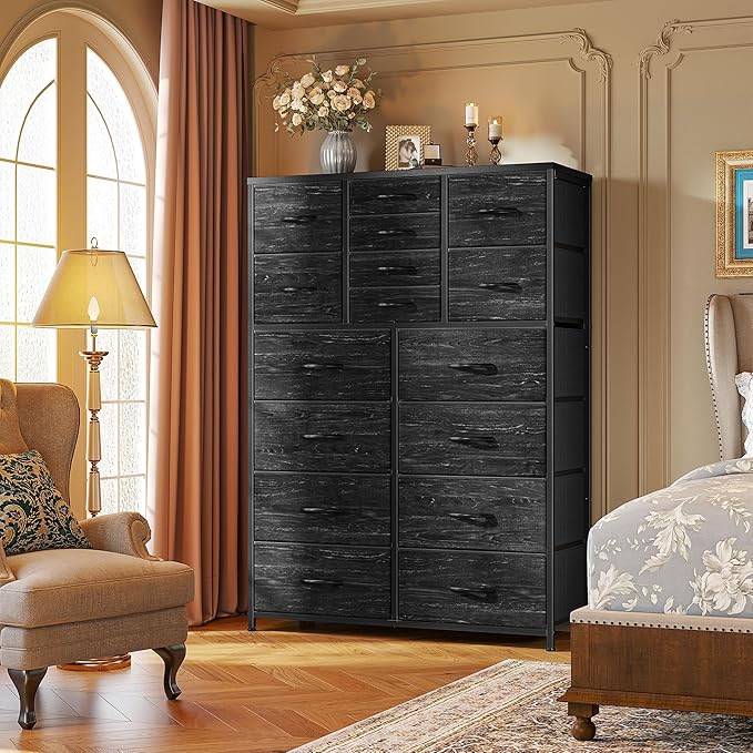 57“H Tall Dresser for Bedroom with 16 Drawers,Fabric Dressers & Chests of Drawers for Closet,Large Black Dresser with Sturdy Metal Frame, Wood Top,Entryway, Hallway